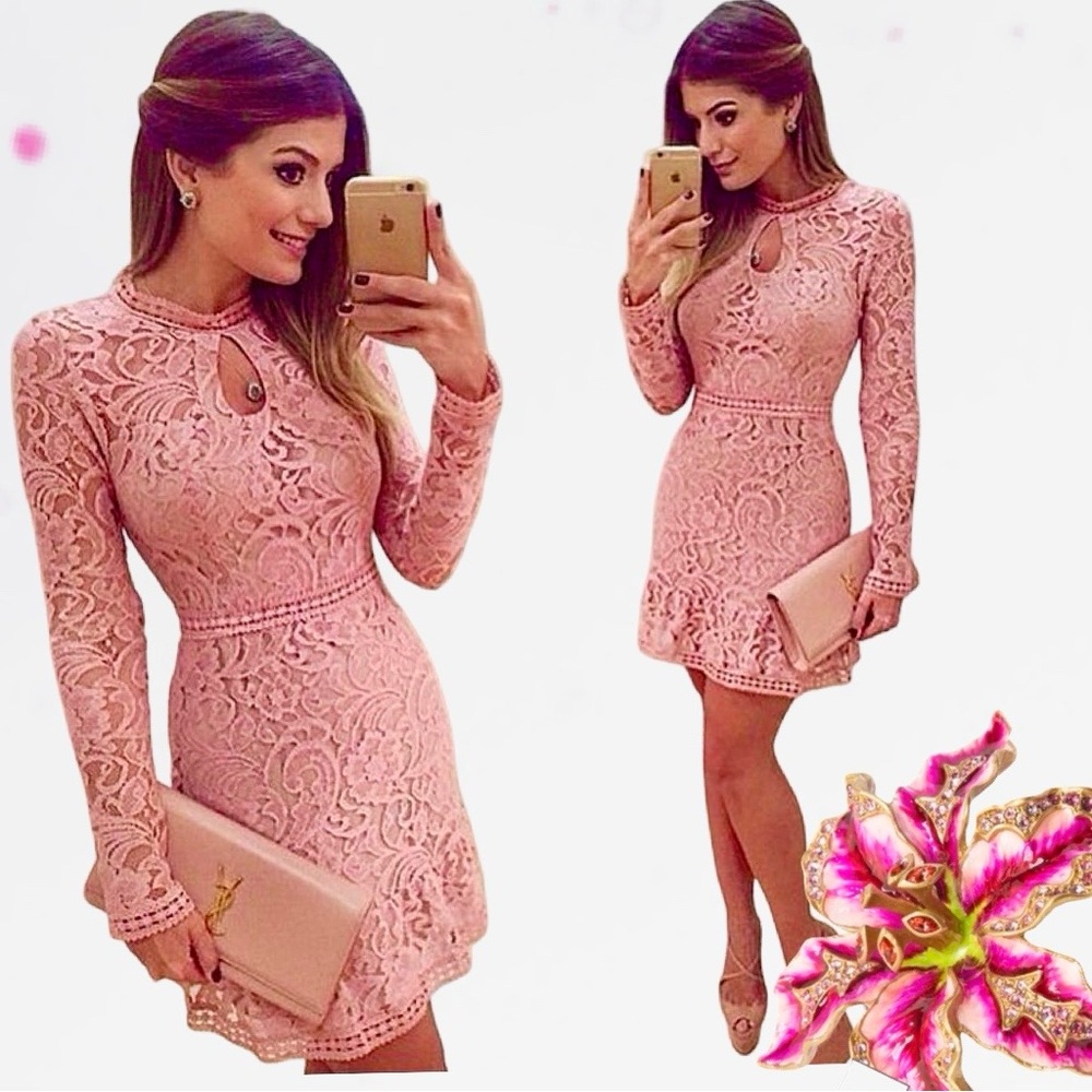 Lace Embroidered Keyhole Cocktail Ruffle Mini Dress